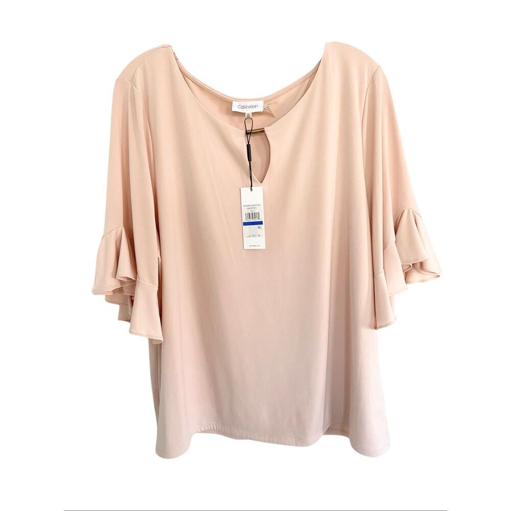 Calvin Klein women's ruffle-sleeve blouse Pink Jersey keyhole neckline.  Sz Xl N